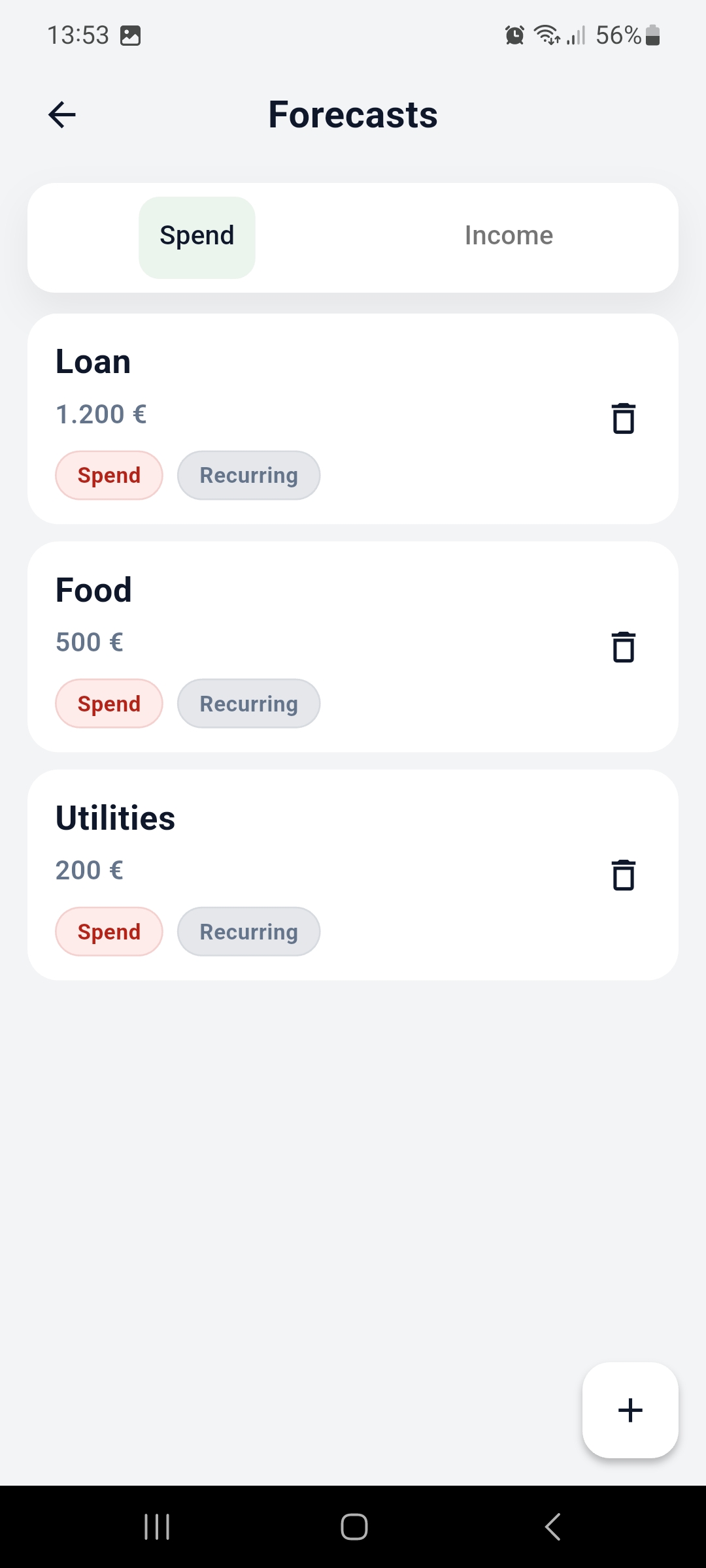 Forecasts screen with recurring spend categories